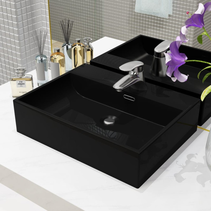 Lavandino con Foro Rubinetto in Ceramica Nero 51,5x38,5x15 cm Lavandino con Foro Rubinetto in Ceramica Nero 51,5x38,5x15 cm