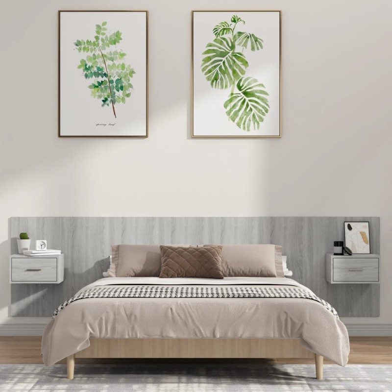 Testiera Letto con Comodini in Legno Multistrato Grigio Sonoma Testiera Letto con Comodini in Legno Multistrato Grigio Sonoma