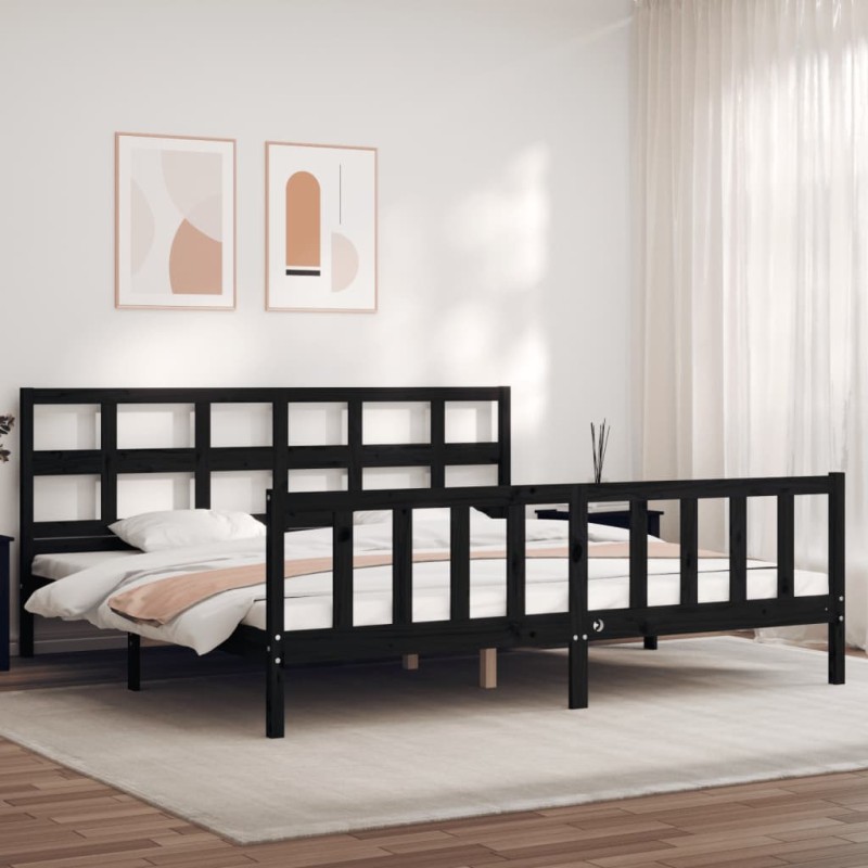 vidaXL Giroletto con Testiera Nero Super King Size Legno Massello vidaXL Giroletto con Testiera Nero Super King Size Legno Massello