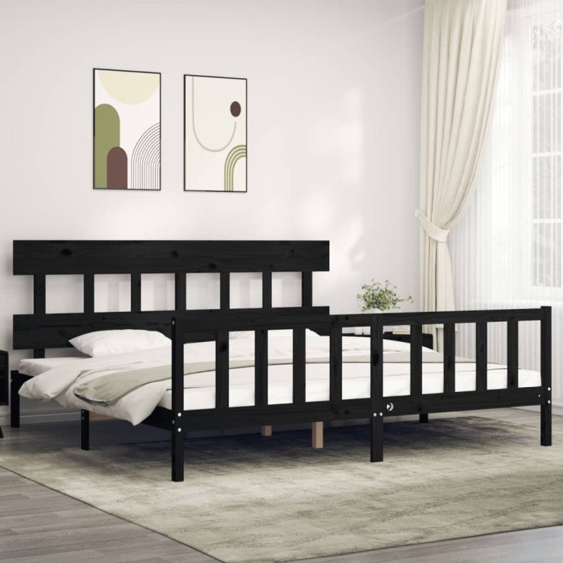 vidaXL Giroletto con Testiera Nero Super King Size Legno Massello vidaXL Giroletto con Testiera Nero Super King Size Legno Massello