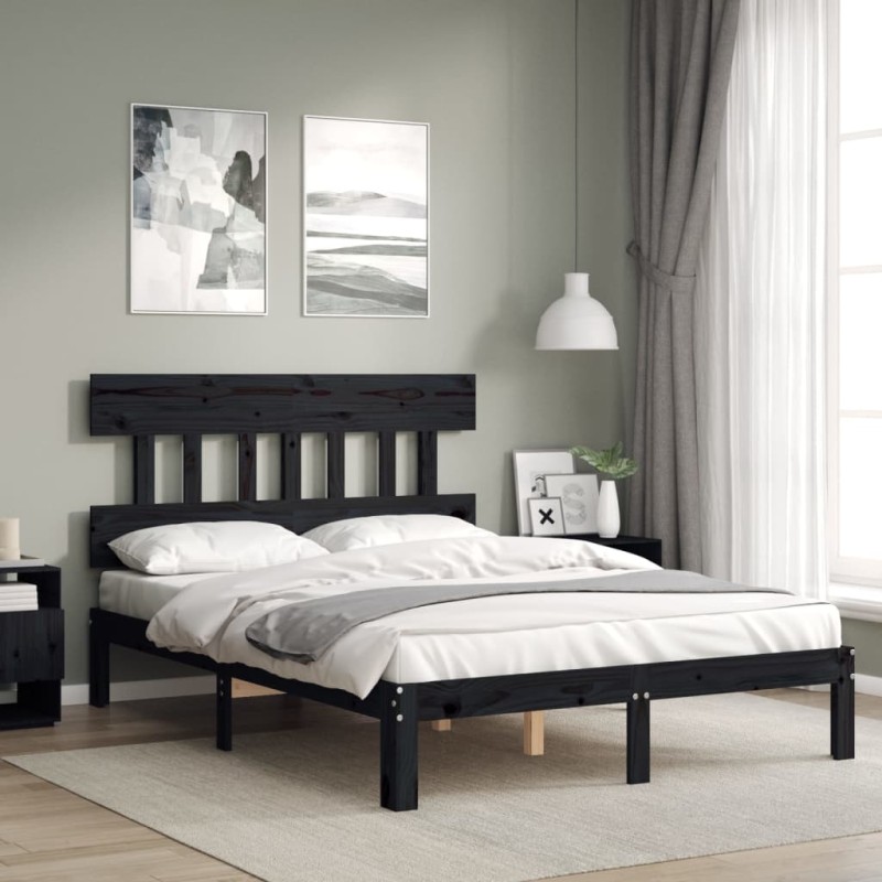 Giroletto con Testiera Nero 4FT Small Double in Legno Massello Giroletto con Testiera Nero 4FT Small Double in Legno Massello