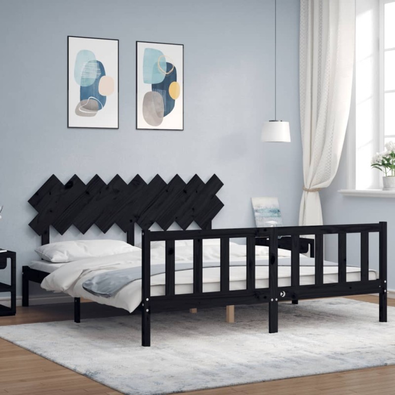 vidaXL Giroletto con Testiera Nero Super King Size Legno Massello vidaXL Giroletto con Testiera Nero Super King Size Legno Massello