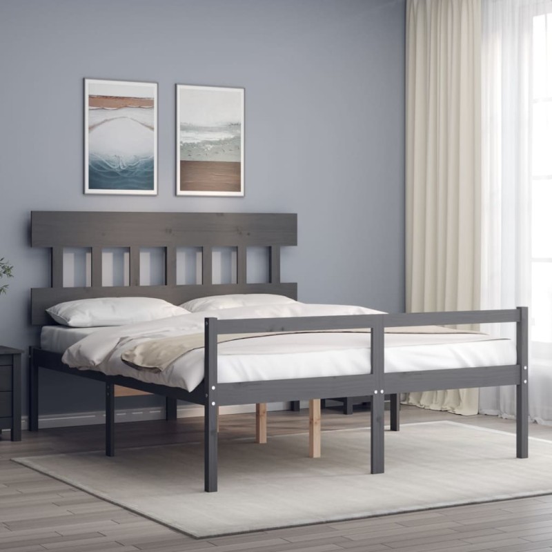 vidaXL Letto per Anziani con Testiera Grigio King in Legno Massello vidaXL Letto per Anziani con Testiera Grigio King in Legno Massello