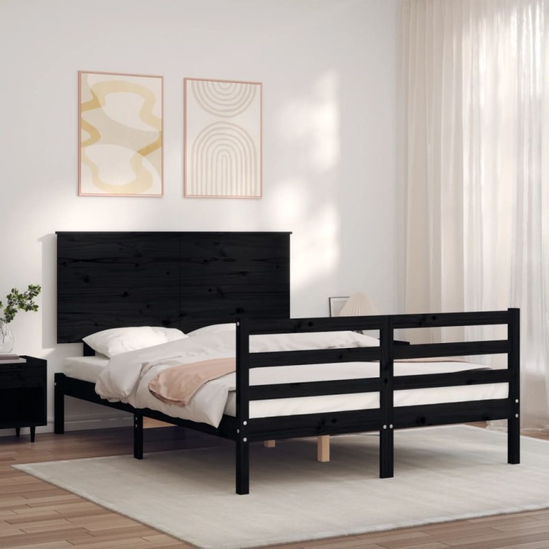 Giroletto con Testiera Nero 140x190 cm in Legno Massello Giroletto con Testiera Nero 140x190 cm in Legno Massello