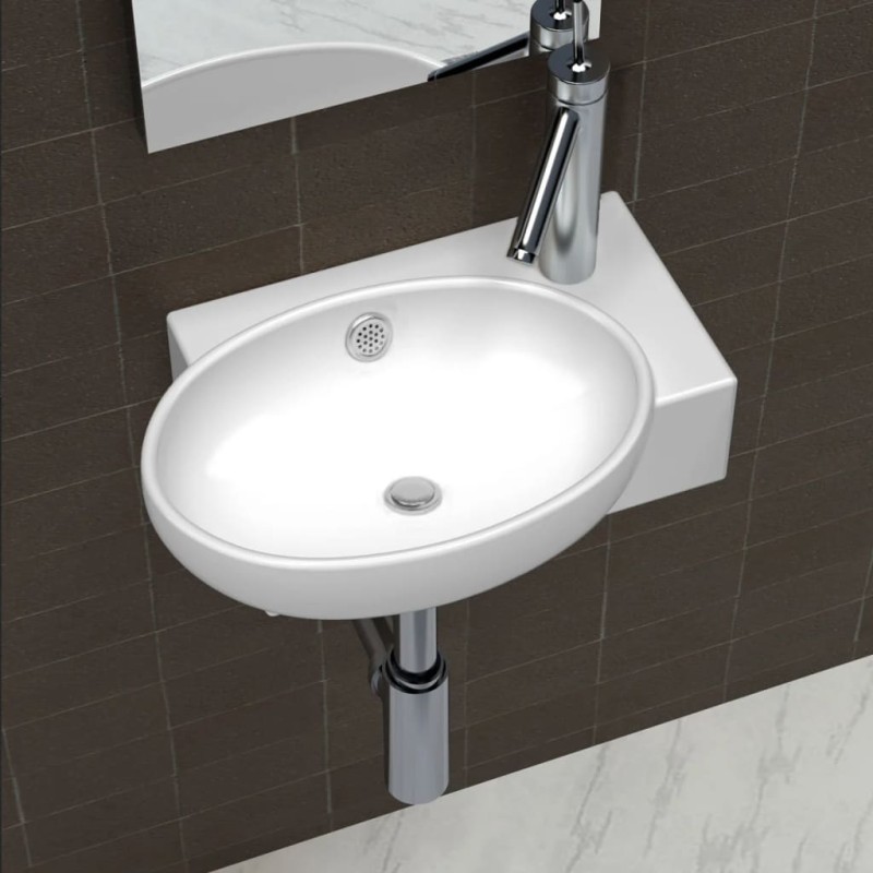 Lavello Ceramica con Foro Rubinetto e Troppo Pieno Bianco Lavello Ceramica con Foro Rubinetto e Troppo Pieno Bianco