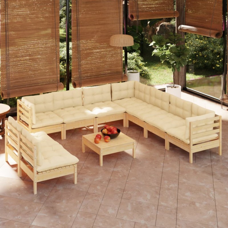 Set Divani da Giardino 10 pz con Cuscini Crema Massello di Pino Set Divani da Giardino 10 pz con Cuscini Crema Massello di Pino