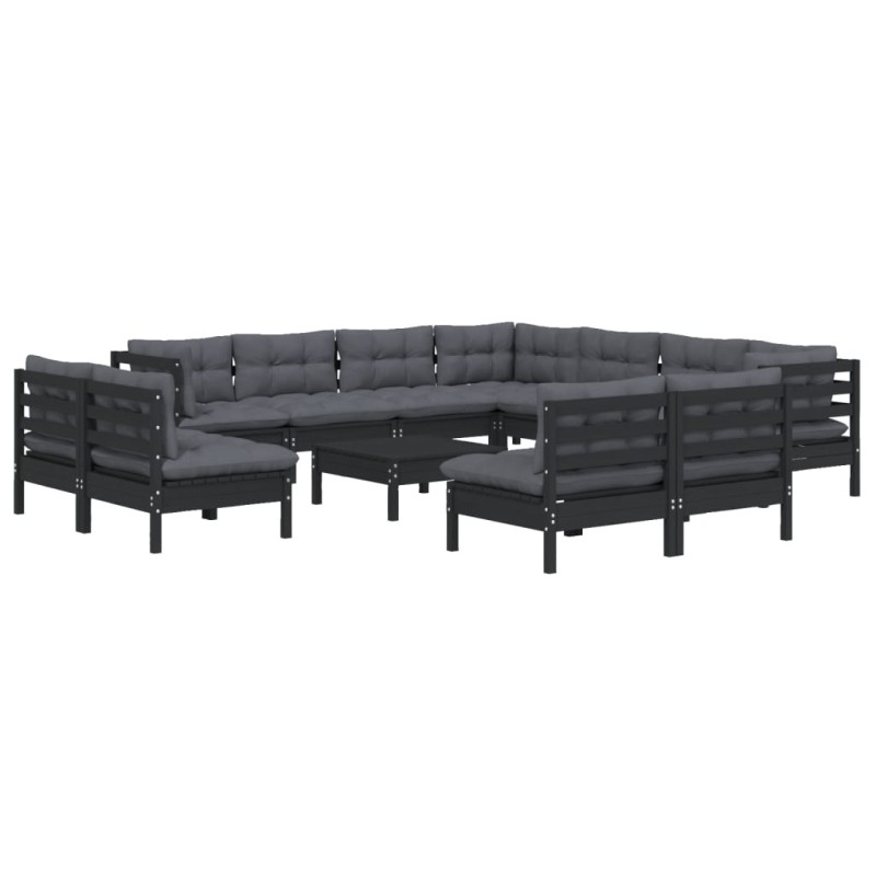 Set Divani da Giardino 12 pz con Cuscini Neri in Legno di Pino Set Divani da Giardino 12 pz con Cuscini Neri in Legno di Pino