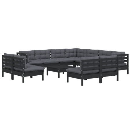 Set Divani da Giardino 12 pz con Cuscini Neri in Legno di Pino