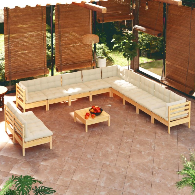 Set Divani da Giardino 12 pz con Cuscini Crema Massello di Pino Set Divani da Giardino 12 pz con Cuscini Crema Massello di Pino