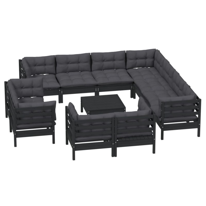 Set Divani da Giardino 12 pz con Cuscini Neri Legno di Pino Set Divani da Giardino 12 pz con Cuscini Neri Legno di Pino