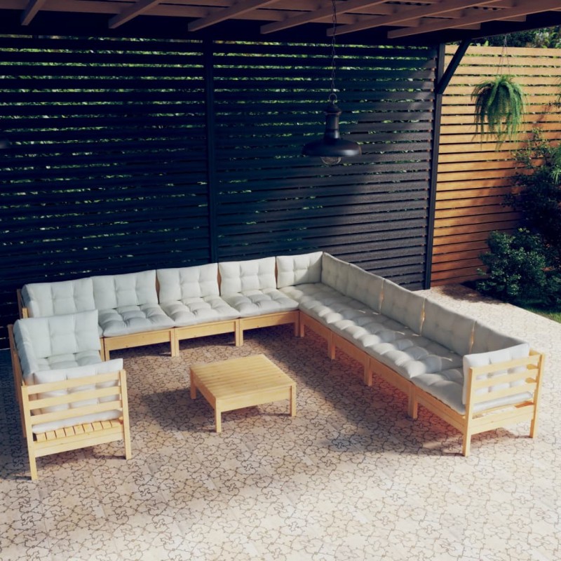 Set Divani da Giardino 12 pz con Cuscini Crema Massello di Pino Set Divani da Giardino 12 pz con Cuscini Crema Massello di Pino