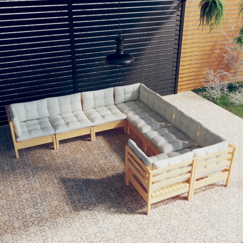 Set Divani da Giardino 8 pz con Cuscini Crema Massello di Pino Set Divani da Giardino 8 pz con Cuscini Crema Massello di Pino