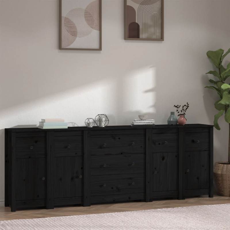 Credenza Nera 230x35x80 cm in Legno Massello di Pino Credenza Nera 230x35x80 cm in Legno Massello di Pino
