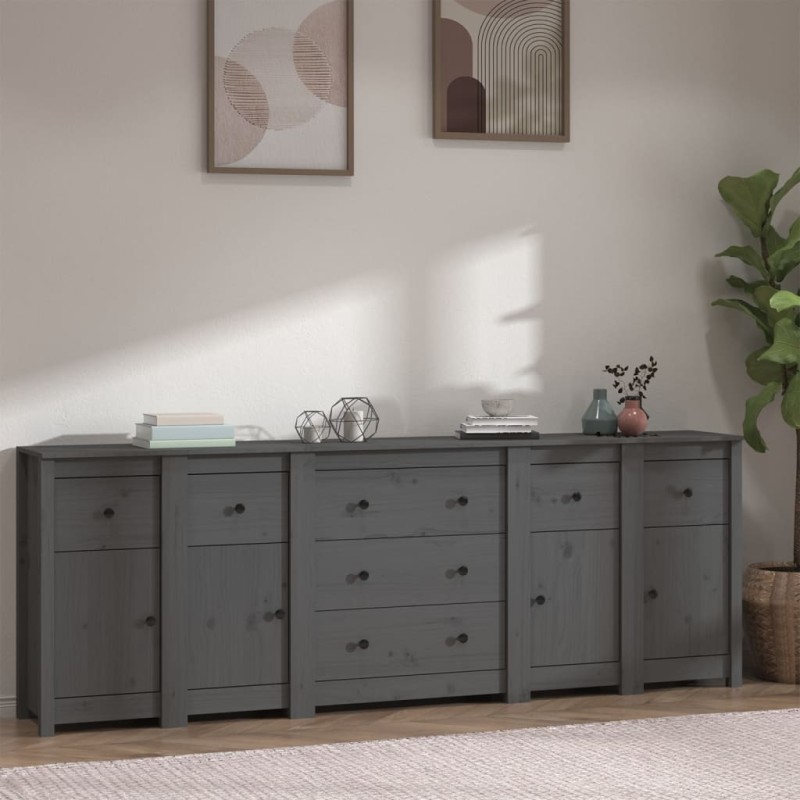 Credenza Grigia 230x35x80 cm in Legno Massello di Pino Credenza Grigia 230x35x80 cm in Legno Massello di Pino