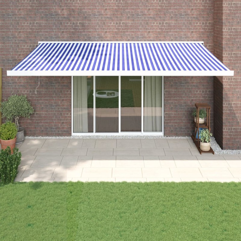 Tenda da Sole Retrattile Blu e Bianca 5x3 m Tessuto e Alluminio Tenda da Sole Retrattile Blu e Bianca 5x3 m Tessuto e Alluminio