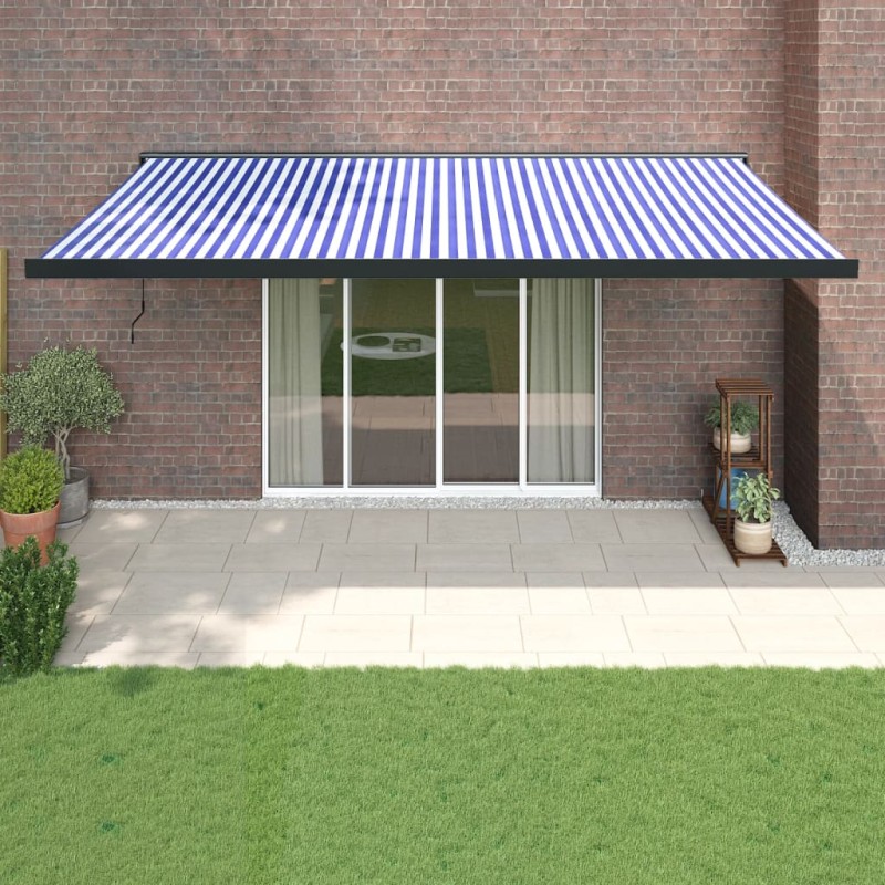 Tenda da Sole Retrattile Blu e Bianca 5x3 m Tessuto e Alluminio Tenda da Sole Retrattile Blu e Bianca 5x3 m Tessuto e Alluminio