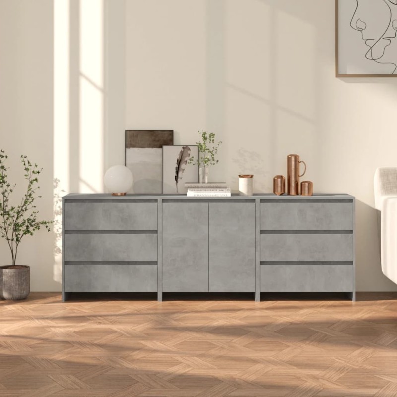Credenze 3 pz Grigio Cemento in Legno Multistrato Credenze 3 pz Grigio Cemento in Legno Multistrato