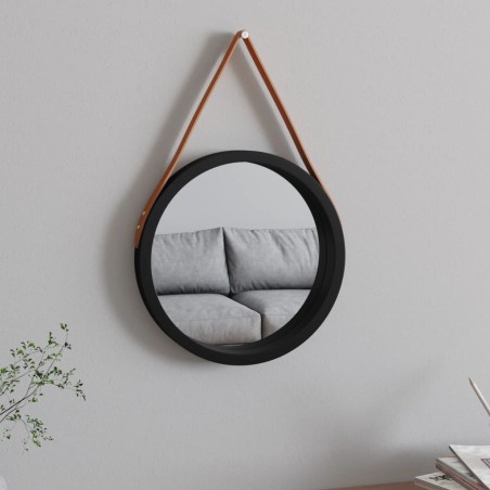Specchio da Parete con Cinghia Nero Ø 35 cm