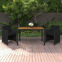 Set da Pranzo da Giardino 3 pz con Cuscini in Polyrattan Nero