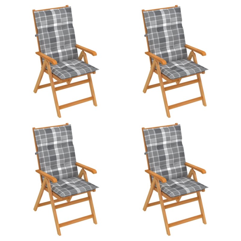 Sedie Giardino 4 pz con Cuscini Grigi a Quadri Massello di Teak Sedie Giardino 4 pz con Cuscini Grigi a Quadri Massello di Teak