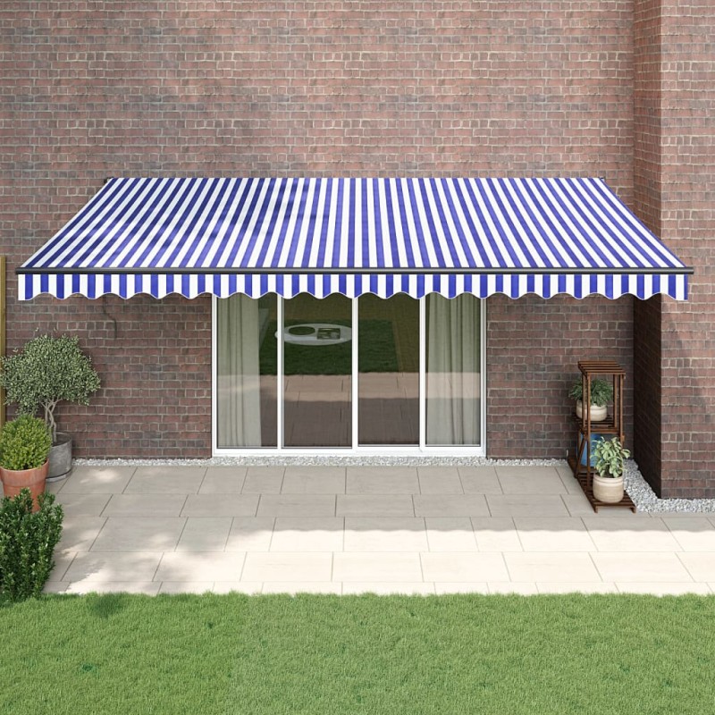 Tenda da Sole Retrattile Blu e Bianca 5x3 m Tessuto e Alluminio Tenda da Sole Retrattile Blu e Bianca 5x3 m Tessuto e Alluminio