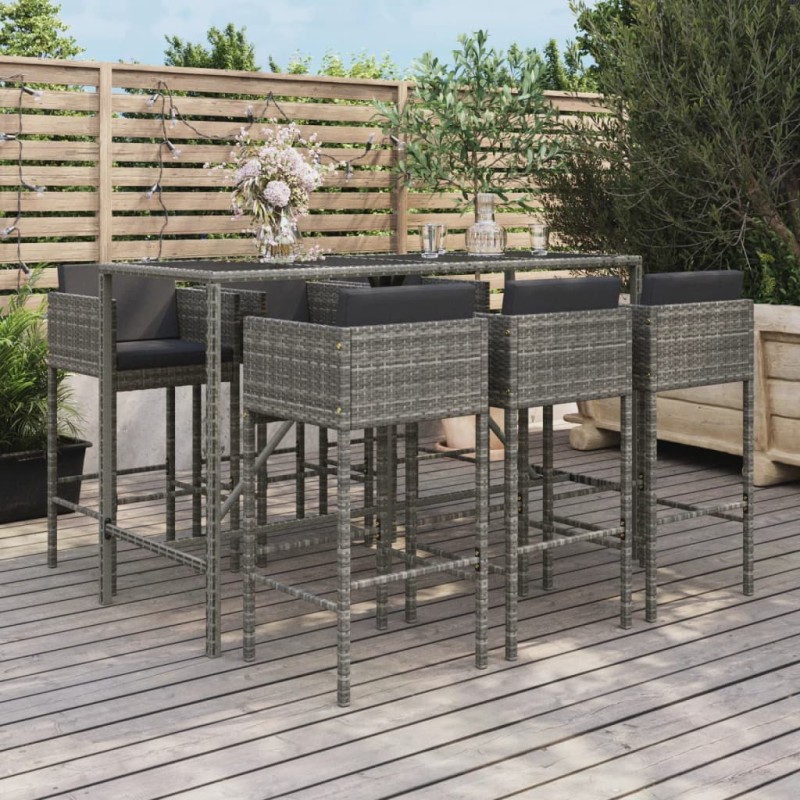 Set Bar da Giardino 7 pz con Cuscini in Polyrattan Grigio Set Bar da Giardino 7 pz con Cuscini in Polyrattan Grigio