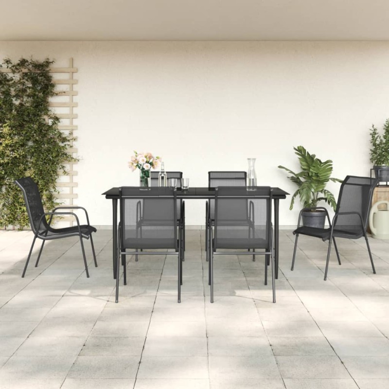 Set da Pranzo da Giardino 7 pz Nero in Acciaio e Textilene Set da Pranzo da Giardino 7 pz Nero in Acciaio e Textilene