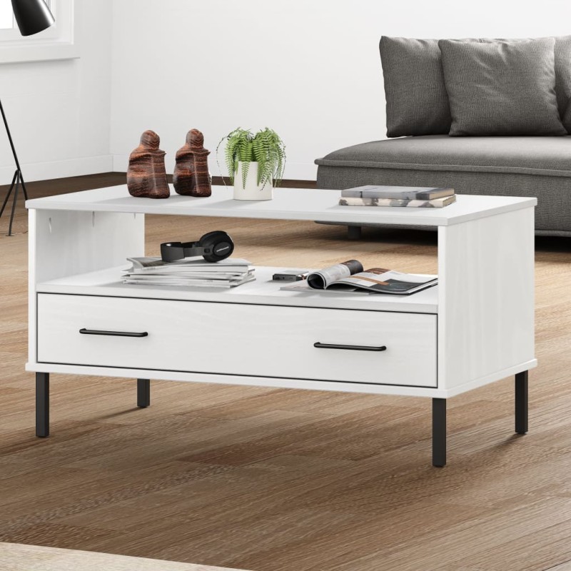 vidaXL Tavolino Gambe Metallo Bianco 85x50x45 cm Legno Massello OSLO vidaXL Tavolino Gambe Metallo Bianco 85x50x45 cm Legno Massello OSLO