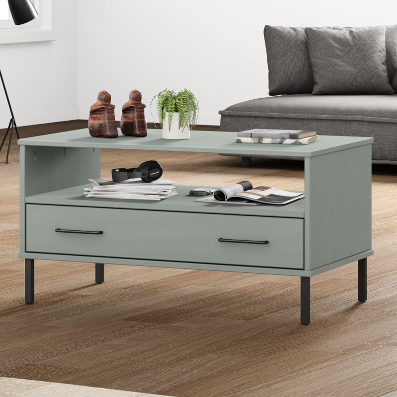 Tavolino Gambe Metallo Grigio 85x50x45 cm Legno Massello OSLO Tavolino Gambe Metallo Grigio 85x50x45 cm Legno Massello OSLO