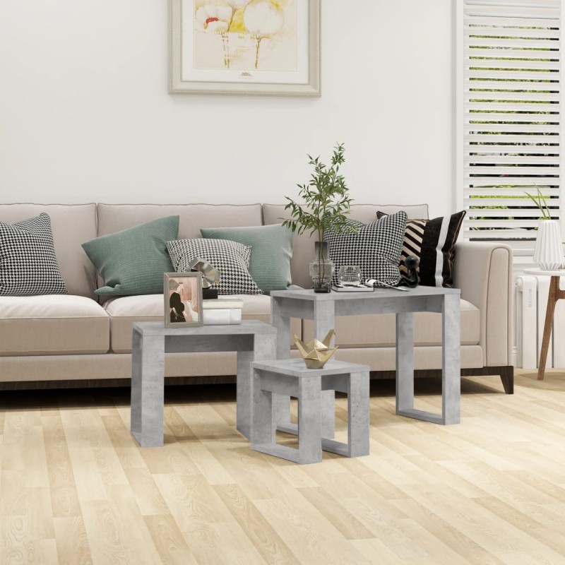 vidaXL Tavolini Impilabili 3 pz Grigio Cemento in Legno Multistrato vidaXL Tavolini Impilabili 3 pz Grigio Cemento in Legno Multistrato