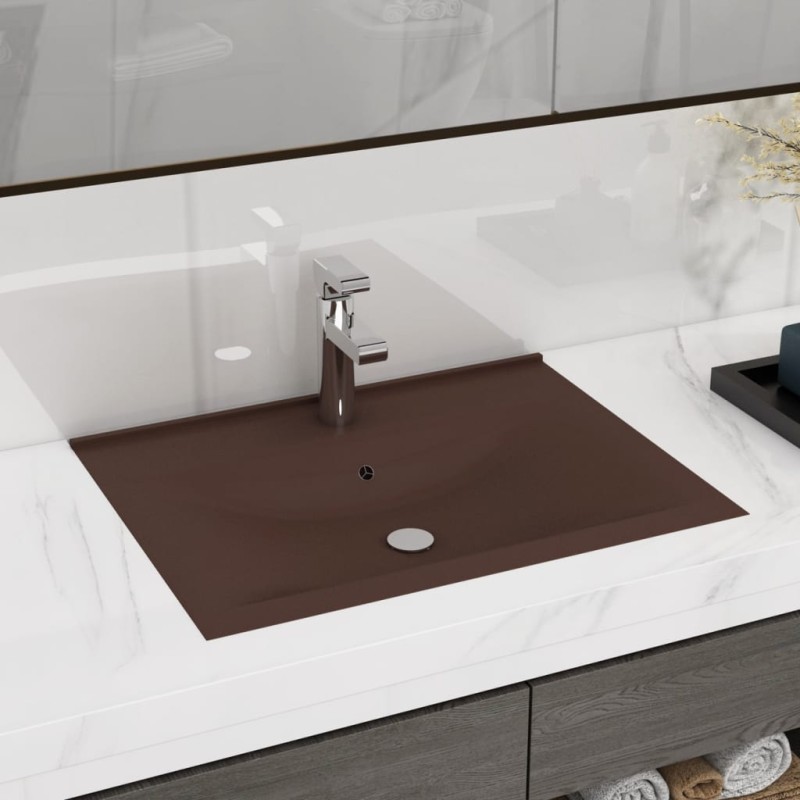 Lavabo con Foro Rubinetto Marrone Scuro Opaco 60x46cm Ceramica Lavabo con Foro Rubinetto Marrone Scuro Opaco 60x46cm Ceramica