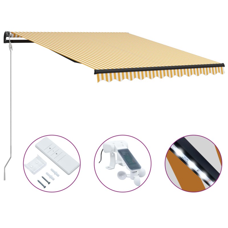Tenda da Sole Retrattile Sensore e LED 300x250cm Giallo Bianca Tenda da Sole Retrattile Sensore e LED 300x250cm Giallo Bianca