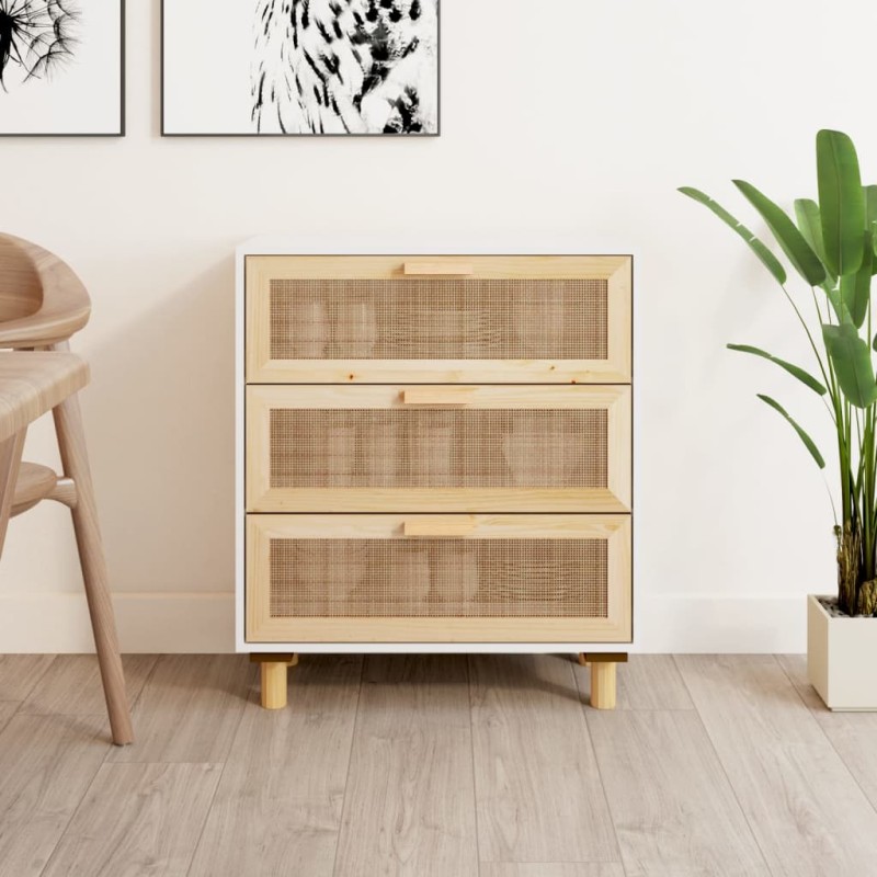 Credenza Bianca 60x30x70 cm Legno Massello Pino Rattan Naturale Credenza Bianca 60x30x70 cm Legno Massello Pino Rattan Naturale