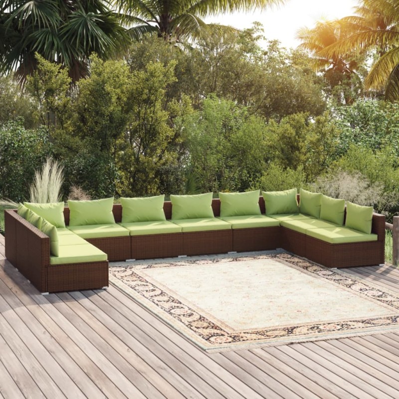 Set Divani da Giardino 10 pz con Cuscini in Polyrattan Marrone Set Divani da Giardino 10 pz con Cuscini in Polyrattan Marrone