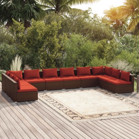 Set Divani da Giardino 10 pz con Cuscini in Polyrattan Marrone