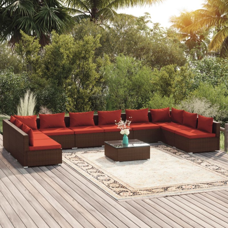 Set Divani da Giardino 11 pz con Cuscini in Polyrattan Marrone Set Divani da Giardino 11 pz con Cuscini in Polyrattan Marrone
