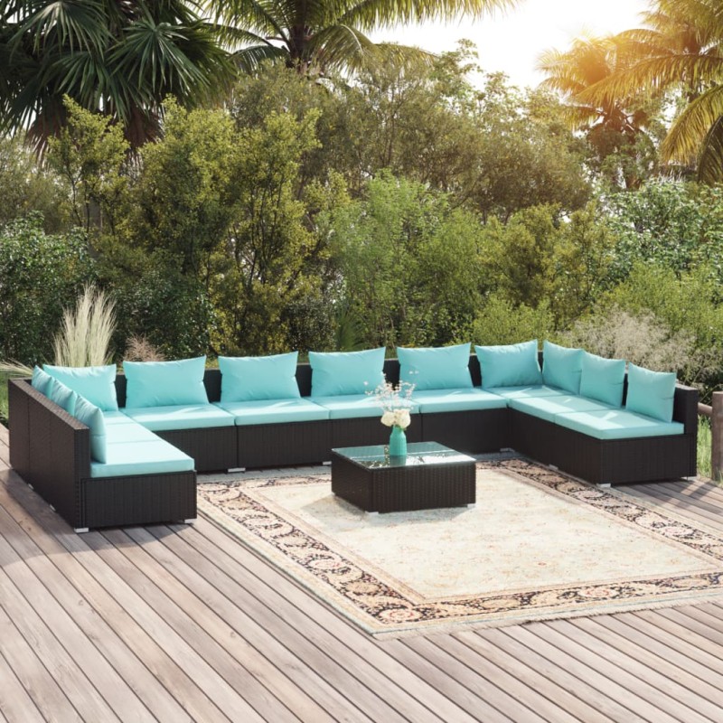 Set Divani da Giardino 11 pz con Cuscini in Polyrattan Nero Set Divani da Giardino 11 pz con Cuscini in Polyrattan Nero