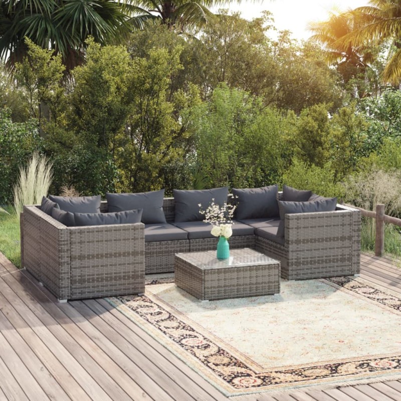 Set Divani da Giardino 7 pz con Cuscini in Polyrattan Grigio Set Divani da Giardino 7 pz con Cuscini in Polyrattan Grigio