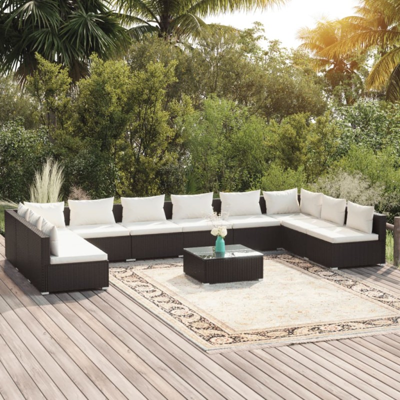 Set Divani da Giardino 11 pz con Cuscini in Polyrattan Nero Set Divani da Giardino 11 pz con Cuscini in Polyrattan Nero