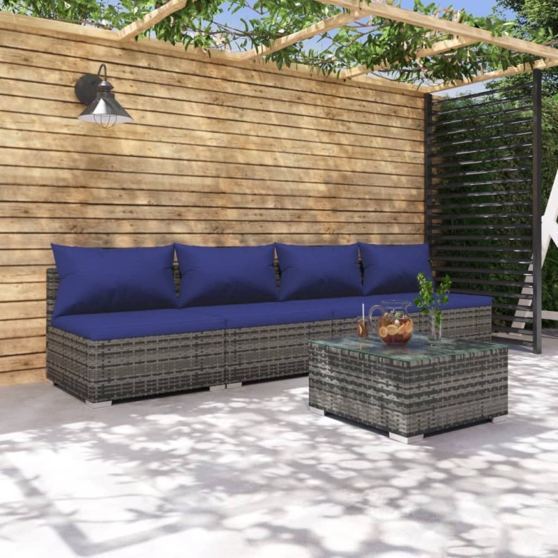 Set Divani da Giardino 5 pz con Cuscini in Polyrattan Grigio Set Divani da Giardino 5 pz con Cuscini in Polyrattan Grigio