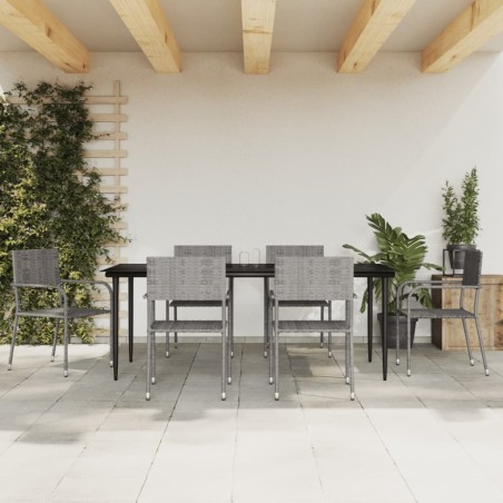 Set da Pranzo da Giardino 7 pz Nero Grigio Polyrattan e Acciaio