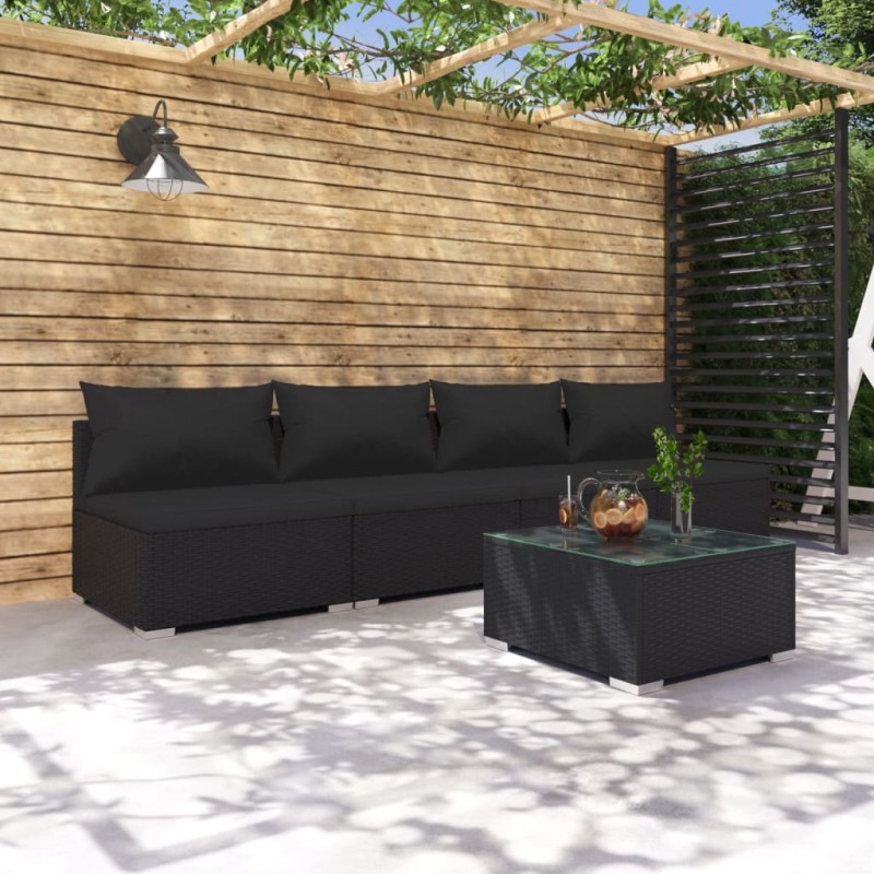 Set Divani da Giardino 5 pz con Cuscini in Polyrattan Nero Set Divani da Giardino 5 pz con Cuscini in Polyrattan Nero