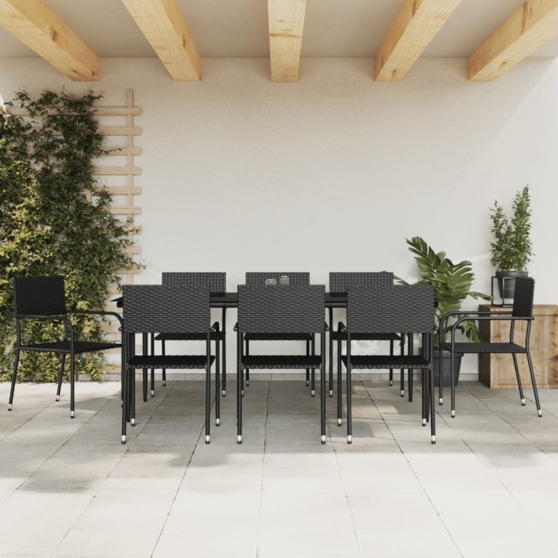 Set da Pranzo da Giardino 9 pz Nero in Polyrattan e Acciaio