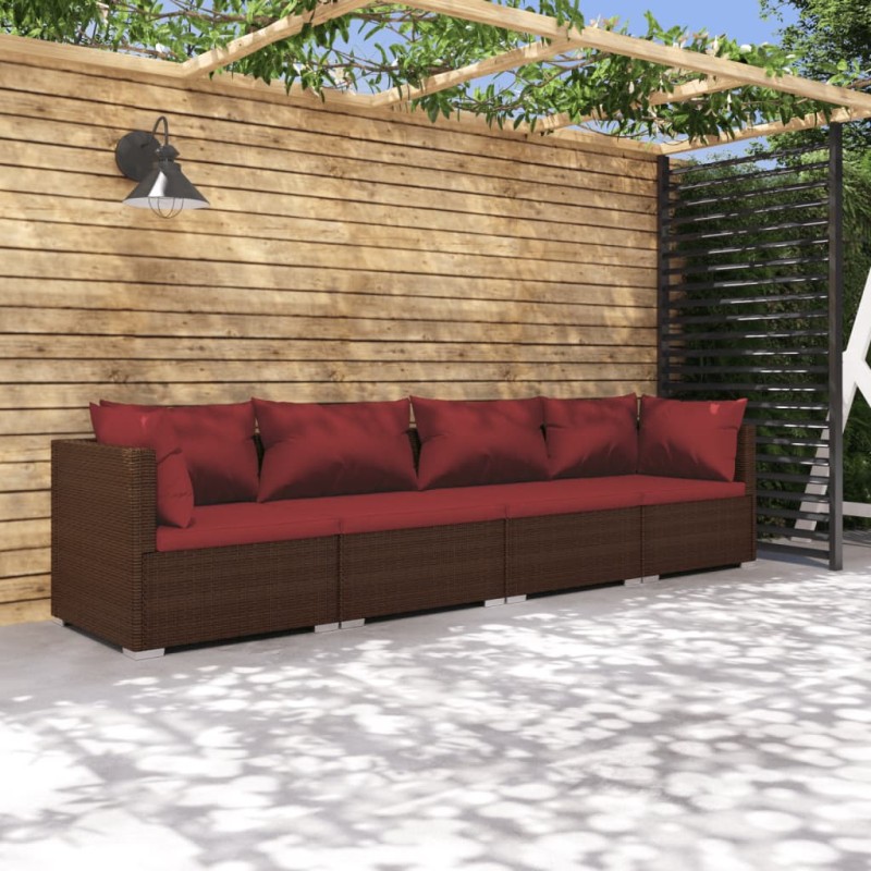 Set Divani da Giardino 4 pz con Cuscini in Polyrattan Marrone Set Divani da Giardino 4 pz con Cuscini in Polyrattan Marrone