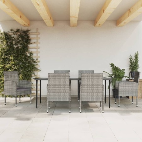 Set da Pranzo da Giardino 7 pz Nero Grigio Polyrattan e Acciaio