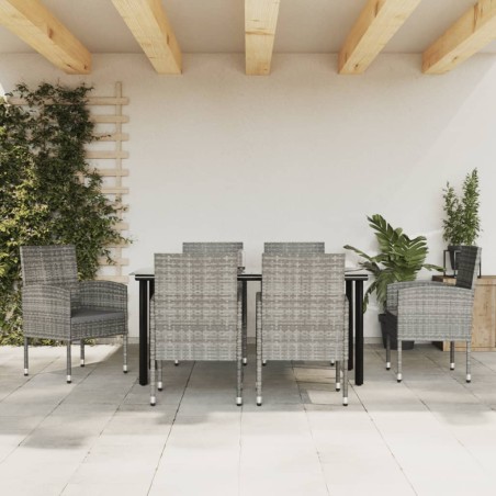 Set da Pranzo da Giardino 7 pz Nero Grigio Polyrattan e Acciaio