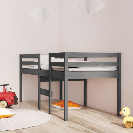 Letto a Soppalco Grigio 90x190 cm in Legno Massello di Pino