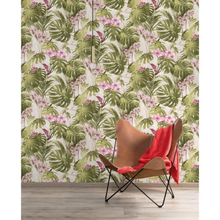 DUTCH WALLCOVERINGS Carta da Parati Paradiso Verde e Rosa