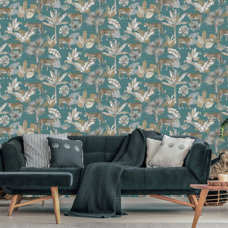 DUTCH WALLCOVERINGS Carta da Parati Leopardo Blu e Beige DUTCH WALLCOVERINGS Carta da Parati Leopardo Blu e Beige