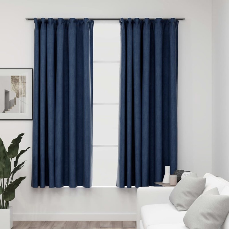 vidaXL Tende Oscuranti con Ganci Effetto Lino 2 pz Blu 140x175 cm vidaXL Tende Oscuranti con Ganci Effetto Lino 2 pz Blu 140x175 cm